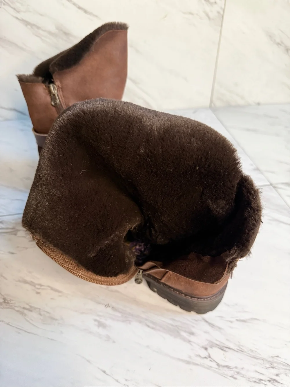 Blowfish Malibu Brown Mid Calf Faux Fur Buckle Boots Womens 7.5 Lug Sole